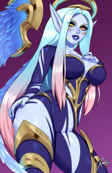 Rule 34 | 1girl, artist name, black bodysuit, blue lips, blue nails, blue skin, bodysuit, breasts, brown hair, cleavage, colored skin, contrapposto, cowboy shot, dawnbringer soraka, detached wings, gradient background, grey hair, halo, hand on own ass, highres, large breasts, league of legends, long hair, multicolored hair, nail polish, pink background, pointy ears, solo, soraka (league of legends), teeth, torn bodysuit, torn clothes, white hair, wings, xinaelle