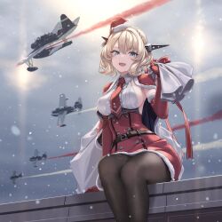 Rule 34 | 1girl, adapted costume, aircraft, airplane, artist logo, belt, black pantyhose, blonde hair, blue eyes, blush, braid, breasts, brown belt, capelet, christmas, colorado (kancolle), commentary request, dress, elbow gloves, feet out of frame, french braid, gloves, hat, headgear, highres, kantai collection, looking at viewer, medium breasts, medium hair, open mouth, outdoors, pantyhose, red dress, red gloves, rokuwata tomoe, sack, santa hat, short hair, sideboob, sitting, smoke trail, snow, solo, vought os2u kingfisher