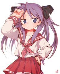 Rule 34 | 1girl, bad id, bad pixiv id, bangbaek, black bow, blue eyes, bow, closed mouth, collarbone, hair bow, hand on own hip, hand up, hiiragi kagami, long hair, long sleeves, lucky star, neckerchief, pink neckerchief, pleated skirt, purple hair, red sailor collar, red skirt, ryouou school uniform, sailor collar, school uniform, serafuku, shirt, simple background, skirt, solo, tsurime, twintails, white background, white shirt