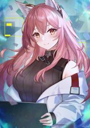 Rule 34 | 1girl, absurdres, animal ears, bare shoulders, black sweater, breasts, cat ears, girls&#039; frontline neural cloud, highres, holding, jacket, long hair, looking at viewer, medium breasts, narijade, off shoulder, open clothes, open jacket, persicaria (neural cloud), pink hair, ribbed sweater, sleeveless, sleeveless sweater, smile, solo, sweater, upper body, white jacket, yellow eyes
