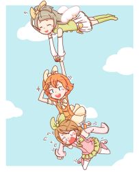 10s 3girls :3 :d ^_^ armlet blue_sky blush brown_hair carrying closed_eyes cloud flying flying_sweatdrops friedbun green_skirt grey_hair jewelry koizumi_hanayo kosaka_honoka long_hair looking_down love_live! love_live!_school_idol_festival love_live!_school_idol_project minami_kotori motion_lines multiple_girls open_mouth orange_hair pleated_skirt printemps_(love_live!) round_teeth salute scared short_hair skirt sky smile sparkle tears teeth thighhighs vest white_legwear wings zettai_ryouiki