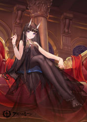 Rule 34 | 1girl, atdan, azur lane, bare arms, bare shoulders, black dress, black hair, black pantyhose, bracelet, chaise longue, cocktail dress, dress, feet, fine fabric emphasis, hair ornament, hairclip, hand up, highres, horns, indoors, jewelry, long hair, looking at viewer, no shoes, noshiro (azur lane), official art, oni horns, pantyhose, purple eyes, see-through, sitting, sleeveless, sleeveless dress, smile, solo, toes, very long hair, watermark