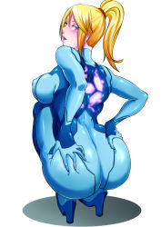 Rule 34 | 1girl, ass, ass grab, blonde hair, blue eyes, blush, bodysuit, breasts, covered erect nipples, deep skin, female focus, from behind, grabbing own ass, high heels, highres, huge ass, kanta (k n t r o), large breasts, long hair, looking at viewer, looking back, metroid, naughty face, nintendo, open mouth, parted lips, ponytail, puffy nipples, samus aran, sideboob, simple background, solo, squatting, white background, zero suit