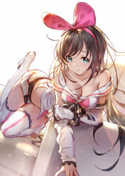 Rule 34 | 1girl, 3:, 77gl, bare shoulders, blue eyes, boots, bow, breasts, brown hair, cleavage, collarbone, commentary request, detached sleeves, hair bow, hairband, kizuna ai, kizuna ai inc., long hair, looking at viewer, medium breasts, midriff, multicolored hair, off shoulder, pink hair, short shorts, shorts, sidelocks, sleeves past wrists, solo, streaked hair, thigh boots, thighhighs, virtual youtuber, white thighhighs