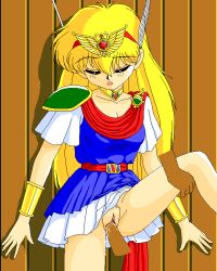 Rule 34 | 1990s (style), 1girl, against wall, akazukin chacha, aliasing, belt, blonde hair, blue dress, blush, bracelet, brooch, closed eyes, clothed sex, collar, dress, jewelry, leg lift, long hair, magical princess, male hand, no panties, penis, pixel art, pussy, pussy juice, pussy juice trail, retro artstyle, sex, short dress, short sleeves, tagme, winged hair ornament