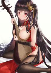 Rule 34 | 1girl, absurdres, azur lane, bare shoulders, bed sheet, between breasts, black bridal gauntlets, black hair, black thighhighs, blush, breasts, bridal gauntlets, brown ribbon, china dress, chinese clothes, cleavage, cleavage cutout, clothing cutout, commentary request, crossed bangs, dress, fishnet thighhighs, fishnets, flower, furrowed brow, garter straps, hair between eyes, hair flower, hair ornament, hair ribbon, highres, holding, holding instrument, instrument, large breasts, long hair, looking at viewer, official alternate costume, on bed, one side up, panties, pelvic curtain, pipa (instrument), red dress, red eyes, ribbon, shiny clothes, shiny legwear, side-tie panties, side slit, sidelocks, sitting, smile, solo, taihou (azur lane), taihou (phoenix&#039;s spring song) (azur lane), thighhighs, underwear, very long hair, wakum, wariza, white background