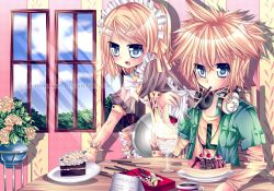 Rule 34 | 1boy, 1girl, blonde hair, brother and sister, cake, family, flower, food, highres, kagamine len, kagamine rin, maid, pocky, short hair, siblings, sonnyaws, sweets, twins, vocaloid