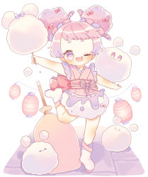 Rule 34 | &gt; &lt;, 1girl, absurdres, blush, bow, closed eyes, closed mouth, commentary request, cotton candy, double bun, forehead, hair bun, heart, heart-shaped pupils, highres, holding, japanese clothes, kimono, lantern, leg up, long sleeves, obi, obijime, one eye closed, open mouth, original, paper lantern, pink bow, pink eyes, pink hair, sack, sash, smile, solo, symbol-shaped pupils, thick eyebrows, upa papa co, waist bow, white footwear, yukata