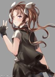 Rule 34 | 1girl, bad id, bad twitter id, black skirt, black vest, bow, brown hair, grey background, hair between eyes, juurouta, kagerou (kancolle), kagerou kai ni (kancolle), kantai collection, long hair, looking at viewer, miniskirt, one eye closed, purple eyes, shirt, short sleeves, simple background, skirt, solo, twintails, vest, white shirt