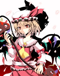 Rule 34 | 1girl, bad id, bad pixiv id, blonde hair, blood, bow, female focus, flandre scarlet, hat, high contrast, laevatein, nejime, red eyes, ribbon, solo, touhou, white background, wings
