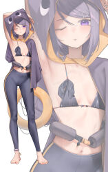 1girl ;o absurdres ankle_strap arm_behind_head armpits barefoot bikini black_bikini black_leggings breasts cape cat_hair_ornament contrapposto crotch_seam full_body hair_ornament highres hood hood_up hooded_cape innertube ksp_(vtuber) leggings long_hair looking_at_viewer medium_hair meridian_project navel one_eye_closed purple_cape purple_eyes purple_hair purple_hood rryiup small_breasts standing stomach sweat swept_bangs swim_ring swimsuit virtual_youtuber wet white_background zoom_layer