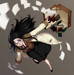 Rule 34 | 1girl, amase (yagami666), black hair, black skirt, blue eyes, blush, book, breasts, full body, glasses, large breasts, long hair, long skirt, looking at viewer, messy hair, necktie, open mouth, paper, read or die, red necktie, shirt, skirt, solo, vest, yomiko readman