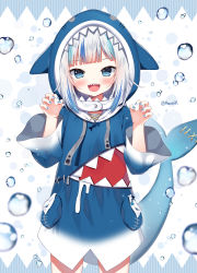 Rule 34 | 1girl, animal hood, blue eyes, blue hair, blue hoodie, blue nails, claw pose, commentary, drawstring, fins, fish tail, gawr gura, gawr gura (1st costume), grey hair, hands up, hololive, hololive english, hood, hood up, hoodie, long sleeves, mauve, multicolored hair, nail polish, shark hood, shark tail, solo, standing, streaked hair, tail, tail raised, twitter username, virtual youtuber, water drop, white background, wide sleeves