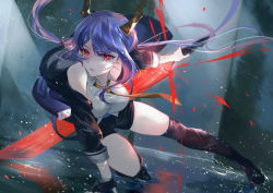 Rule 34 | 1girl, arknights, arm support, bare shoulders, black gloves, black jacket, blue hair, boots, breasts, ch&#039;en (arknights), closed mouth, fighting stance, fingerless gloves, floating hair, gloves, highres, holding, holding sword, holding weapon, horns, jacket, large breasts, looking at viewer, low twintails, necktie, off shoulder, open clothes, open jacket, red eyes, shirt, short shorts, shorts, sidelocks, single fingerless glove, solo, sword, thigh boots, thighhighs, thighs, twintails, vardan, weapon, white shirt