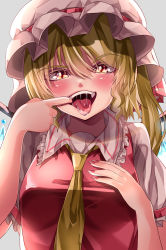 Rule 34 | 1girl, absurdres, blonde hair, breasts, collared shirt, drooling, flandre scarlet, frilled shirt collar, frilled sleeves, frills, grey background, hair between eyes, hand on own chest, hat, hat ribbon, highres, long hair, looking at viewer, mahoro (minase mahoro), mob cap, mouth pull, nail polish, necktie, puffy short sleeves, puffy sleeves, red nails, red ribbon, red vest, ribbon, shirt, short sleeves, simple background, small breasts, solo, teeth, tongue, tongue out, touhou, upper body, upper teeth only, vest, white hat, white shirt, wings, yellow necktie