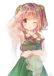 Rule 34 | 1girl, bell, hair bell, hair ornament, japanese clothes, motoori kosuzu, one eye closed, red eyes, red hair, see-through, sen1986, solo, sweat, touhou, two side up, wide sleeves