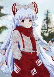 Rule 34 | 1girl, absurdres, blue hair, blurry, blurry background, bow, breath, buttons, cipher (user watm8555), commentary request, cowboy shot, fujiwara no mokou, hair bow, hands in pockets, highres, light blue hair, long hair, long sleeves, looking at viewer, ofuda, ofuda on clothes, outdoors, pants, parted lips, red eyes, red pants, red scarf, scarf, shirt, sleeve garter, solo, standing, suspenders, touhou, tree, very long hair, white bow, white shirt, winter