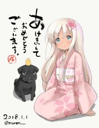 Rule 34 | 1girl, alternate costume, bird, blue eyes, chick, dog, floral print, hair ornament, haru (renol), highres, japanese clothes, kantai collection, kimono, new year, ro-500 (kancolle), simple background, sitting, smile, tan, tanline, translation request, white background