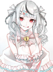 Rule 34 | 1girl, :q, absurdres, bandaid, bare shoulders, black hair, breasts, cleavage, grey hair, hair ornament, hairclip, heart-shaped lock, highres, hololive, long hair, looking at viewer, multicolored hair, off shoulder, red eyes, sakamata chloe, simple background, smile, solo, streaked hair, tongue, tongue out, toro3, two-tone hair, variant set, virtual youtuber, white background