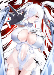 Rule 34 | 1girl, bodysuit, breasts, cinderella (nikke), cleavage cutout, clothing cutout, gluteal fold, goddess of victory: nikke, hair over one eye, hand on own chest, large breasts, leg cutout, long bangs, long hair, looking at viewer, navel, navel cutout, reaching, reaching towards viewer, red eyes, solo, twintails, very long hair, white bodysuit, white hair, yuruto