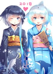 Rule 34 | 10s, 2girls, :d, :o, absurdres, animal ears, blue eyes, blue kimono, blush, commentary request, common bottlenose dolphin (kemono friends), dolphin, dorsal fin, fins, head fins, highres, japanese clothes, kanzakietc, kemono friends, kimono, looking at viewer, multiple girls, narwhal, narwhal (kemono friends), obi, one eye closed, open mouth, parted lips, sash, short hair, short hair with long locks, smile, standing, transparent background