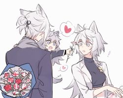 Rule 34 | !, 3girls, :d, afterimage, aged down, animal ear fluff, animal ears, arknights, arm behind back, black jacket, black shirt, blouse, blue eyes, bouquet, braid, breasts, character request, child, commentary request, crop top, fang, father and daughter, flower, grey hair, hair between eyes, heart, holding, holding flower, jacket, kaleka, lappland (arknights), long hair, long sleeves, medium breasts, mother and daughter, multiple girls, open clothes, open jacket, open mouth, red flower, shirt, simple background, smile, spoken heart, tail, tail wagging, upper body, very long hair, white background, white jacket