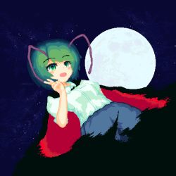 Rule 34 | 1girl, 999 (hansode), antennae, black cape, cape, full moon, green eyes, green hair, highres, looking at viewer, moon, night, night sky, open mouth, outdoors, shirt, short hair, sky, solo, star (sky), starry sky, touhou, v, white shirt, wriggle nightbug