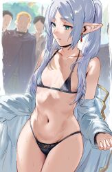 Rule 34 | 1girl, 4boys, audience, bikini, black bikini, blush, breasts, closed mouth, collarbone, commentary, drop earrings, earrings, elf, exhibitionism, faceless, faceless male, flat chest, frieren, green eyes, grey hair, hews, highres, jewelry, medium breasts, micro bikini, multiple boys, navel, outdoors, parted bangs, pointy ears, public indecency, removing jacket, solo focus, sousou no frieren, standing, stomach, sweat, swimsuit, thick eyebrows, thighs, twintails