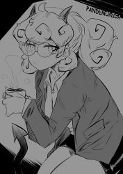 1girl, absurdres, black horns, black miniskirt, black skirt, black tail, breasts, business suit, character name, closed mouth, coffee, coffee mug, collared shirt, cup, curly hair, demon girl, demon horns, demon tail, eyebrows visible through hair, formal, glasses, grey background, greyscale, helltaker, highres, holding, holding cup, horns, jacket, long sleeves, looking at viewer, medium breasts, medium hair, miniskirt, moisture (chichi), monochrome, mug, pandemonica (helltaker), ponytail, shirt, short hair, simple background, skirt, small breasts, suit, tail, upper body, white hair