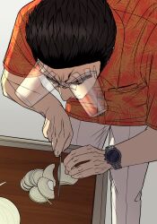 Rule 34 | 1boy, black hair, cdtxufre, closed eyes, closed mouth, cup, cutting, cutting onions, disposable cup, highres, holding, holding knife, kiryu kazuma, knife, leaning forward, male focus, onion, orange shirt, pants, ryuu ga gotoku (series), shirt, short sleeves, solo, standing, watch, white pants, wristwatch