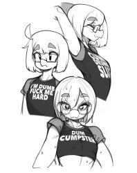 Rule 34 | 1girl, ahoge, closed mouth, clothes writing, commentary, cteno (slugbox), english commentary, english text, closed eyes, fuck-me shirt, glasses, greyscale, highres, looking at viewer, meme attire, monochrome, multiple views, original, profanity, round eyewear, shirt, short hair, short sleeves, simple background, slugbox, solo, sweat, t-shirt, thick eyebrows, upper body, white background