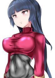 Rule 34 | 1girl, black bodysuit, black hair, bodysuit, bodysuit under clothes, breasts, commentary request, covered navel, creatures (company), game freak, large breasts, long hair, nintendo, pokemon, pokemon frlg, red eyes, red shirt, sabrina (pokemon), shirt, simple background, skin tight, solo, sumida kichi, white background