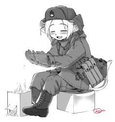 Rule 34 | 1girl, :d, = =, animal ear fluff, animal ears, ankle boots, blush, bonfire, boots, canteen, coat, cold, cross-laced footwear, ebifly, closed eyes, fangs, fur hat, greyscale, hat, long sleeves, military, military uniform, mittens, monochrome, open mouth, original, pants, pants tucked in, pouch, signature, simple background, sitting, smile, solo, stool, tail, uniform, ushanka, white background