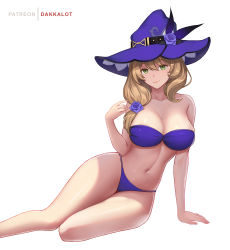 Rule 34 | 1girl, arm support, artist name, bare shoulders, bikini, blue bikini, breasts, brown hair, cleavage, closed mouth, collarbone, dakkalot, flower, genshin impact, green eyes, hair flower, hair ornament, hair over shoulder, hat, hat flower, hat ornament, large breasts, leaning to the side, lisa (genshin impact), long hair, looking at viewer, low ponytail, navel, purple flower, purple hat, purple rose, rose, smile, solo, swimsuit, thighs, witch hat
