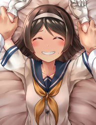 Rule 34 | 10s, 1girl, admiral (kancolle), anchor symbol, arm grab, arms up, bed, bed sheet, blush, brown hair, collarbone, closed eyes, from above, gloves, grin, hairband, highres, kamelie, kantai collection, lying, military, military uniform, neckerchief, on back, sailor collar, school uniform, serafuku, short hair, short sleeves, smile, tanikaze (kancolle), uniform, upper body, white gloves, white hairband
