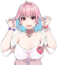 Rule 34 | 1girl, ahoge, blue hair, blush, bracelet, breasts, cleavage, collar, collarbone, fang, hair between eyes, hair intakes, heart, heart-shaped lock, heart on chest, idolmaster, idolmaster cinderella girls, jewelry, large breasts, looking at viewer, multicolored hair, off-shoulder shirt, off shoulder, open mouth, pink eyes, pink hair, shirt, short hair, short sleeves, simple background, single wrist cuff, skeleton print, solo, sunaba suzume, t-shirt, two-tone hair, upper body, white background, wrist cuffs, yumemi riamu