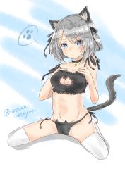Rule 34 | 10s, 1girl, absurdres, animal ears, bad id, bad pixiv id, bell, black bra, black panties, blue eyes, blush, bra, breasts, cat cutout, cat ear panties, cat ears, cat lingerie, cat tail, choker, cleavage, cleavage cutout, clothing cutout, hair ornament, hair over one eye, hairclip, hamakaze (kancolle), highres, hoshimiya nazuna, jingle bell, kantai collection, large breasts, looking at viewer, meme attire, navel, nazuna stella, neck bell, panties, short hair, side-tie panties, silver hair, sitting, solo, tail, thighhighs, underwear, underwear only, wariza, white thighhighs