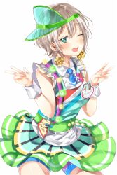 Rule 34 | 1girl, ;d, aoba moca, aqua eyes, bad id, bad twitter id, bang dream!, blue neckerchief, blush, collared shirt, commentary request, cowboy shot, earrings, green hat, green skirt, grey hair, hat, ito22oji, jewelry, light bulb, looking at viewer, name tag, neckerchief, one eye closed, open mouth, pom pom (clothes), pom pom earrings, shirt, short hair, shorts, shorts under skirt, sideways hat, simple background, skirt, smile, solo, v, visor cap, w, waitress, white background, wrist cuffs