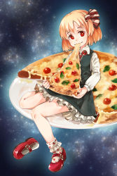 Rule 34 | 1girl, absurdres, black dress, blonde hair, bow legwear, dress, eating, food, frilled socks, frills, hair ribbon, highres, knees together feet apart, leaf, long sleeves, looking at viewer, mary janes, murani, necktie, pizza, pizza slice, red eyes, red footwear, ribbon, rumia, shoes, sitting, socks, solo, star (sky), star (symbol), starry background, striped necktie, striped neckwear, striped ribbon, tomato, touhou, wavy mouth