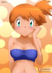 Rule 34 | 1girl, arm behind back, artist name, bare shoulders, blush, breasts, cleavage, closed mouth, collarbone, commentary request, covered erect nipples, creatures (company), game freak, green eyes, hand up, highres, looking at viewer, medium breasts, misty (pokemon), navel, nintendo, orange hair, paid reward available, pokemon, pokemon (anime), pokemon sm042, pokemon sm (anime), ponytail, shiny skin, short hair, side ponytail, simple background, stomach, strapless, swimsuit, tube top, upper body, zel-sama