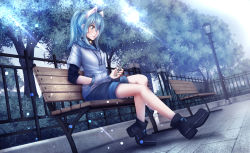 Rule 34 | 1girl, animal ears, bench, black eyes, black footwear, blue hair, blush, cat ears, cellphone, closed mouth, dappled sunlight, earphones, fence, from side, full body, hair ornament, hairclip, hand in pocket, highres, hood, hood down, hoodie, lamppost, light particles, mochi (chain csn), morning, original, outdoors, park bench, phone, ponytail, shoes, shorts, sitting, smartphone, smile, solo, sunlight, tree