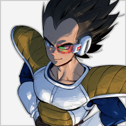 Rule 34 | 1boy, black eyes, black hair, closed mouth, collarbone, dragon ball, dragonball z, framed, gloves, highres, looking at viewer, male focus, saiyan armor, scouter, simple background, smirk, solo, spiked hair, supobi, vegeta, white background, white gloves