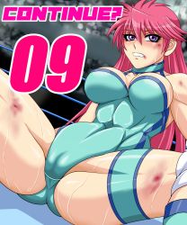 Rule 34 | 1girl, abs, breasts, bruise, cameltoe, cleavage, continue, countdown, covered navel, female focus, gameplay mechanics, injury, large breasts, leotard, long hair, looking at viewer, mighty yukiko, muscular, pink hair, purple eyes, solo, spread legs, sweat, taroimo (00120014), wrestle angels, wrestle angels survivor, wrestling outfit, wristband