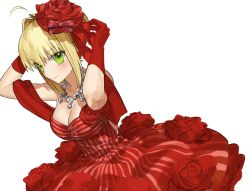Rule 34 | 1girl, ahoge, akamakoto, bare shoulders, blonde hair, blush, braid, breasts, cleavage, collarbone, dress, fate/extra, fate (series), flower, french braid, gloves, green eyes, hair between eyes, hair bun, hair flower, hair intakes, hair ornament, hands up, jewelry, large breasts, long hair, looking at viewer, necklace, nero claudius (fate), nero claudius (fate) (all), nero claudius (fate/extra), official alternate costume, red dress, red gloves, single hair bun, smile, solo
