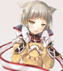 Rule 34 | 1girl, animal ears, blunt bangs, bodysuit, cat ears, embarrassed, eyebrows, gloves, highres, hood, inoue takuya (tactactak), long sleeves, looking at viewer, nia (xenoblade), nintendo, open mouth, ribbon, short hair, silver hair, simple background, smile, solo, white gloves, xenoblade chronicles (series), xenoblade chronicles 2, yellow bodysuit, yellow eyes