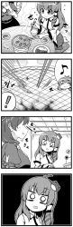 Rule 34 | 3girls, 4koma, ^ ^, antenna hair, bags under eyes, breasts, chopsticks, closed eyes, comic, commentary, d:, detached sleeves, eating, closed eyes, flying sweatdrops, food, frog hair ornament, greyscale, hair ornament, hair tubes, highres, kochiya sanae, kousei (public planet), large breasts, long hair, medium breasts, monochrome, moriya suwako, multiple girls, musical note, open mouth, outline, repetition, rice, seiza, sitting, snake hair ornament, spoken musical note, square mouth, staring, sweat, touhou, white outline, yakiniku, yasaka kanako