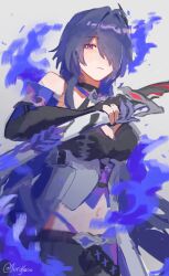 Rule 34 | acheron (honkai: star rail), bandaged arm, bandages, belt, black belt, black choker, black gloves, black shirt, black shorts, breasts, choker, cleavage, closed mouth, coat, coattails, commentary, cowboy shot, criss-cross halter, crop top, elbow gloves, english commentary, expressionless, fire, gloves, grey background, hair intakes, hair ornament, hair over one eye, halterneck, highres, holding, holding sword, holding weapon, honkai: star rail, honkai (series), jurykooo, katana, large breasts, looking at viewer, midriff, multicolored hair, navel, partially fingerless gloves, purple eyes, purple fire, purple hair, scabbard, sheath, sheathed, shirt, shorts, single bare shoulder, standing, streaked hair, sword, twitter username, weapon, white coat