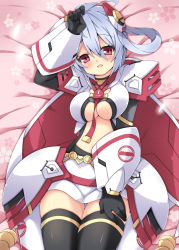 Rule 34 | 1girl, black thighhighs, cleavage cutout, clothing cutout, edea cluster, gloves, highres, long hair, looking at viewer, lying, matoi (pso2), milkpanda, phantasy star, phantasy star online 2, red eyes, silver hair, smile, solo, thighhighs, twintails