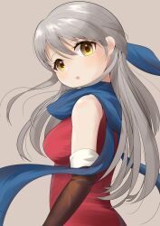 Rule 34 | 1girl, :o, bad dobbyyyyy, bare shoulders, black gloves, blue scarf, dress, elbow gloves, fire emblem, fire emblem: radiant dawn, gloves, grey background, grey hair, hair ribbon, half updo, highres, jewelry, long hair, looking at viewer, looking back, micaiah (fire emblem), nintendo, ribbon, scarf, simple background, sleeveless, sleeveless dress, solo, yellow eyes