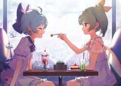Rule 34 | 2girls, blue bow, blue hair, bow, cake, cake slice, cirno, daiyousei, detached wings, dress, drink, closed eyes, fairy, fairy wings, food, fork, fumo (doll), green eyes, green hair, hair bow, highres, holding, holding fork, ice, ice wings, long hair, multiple girls, open mouth, short hair, short sleeves, side ponytail, sitting, siyumu, smile, touhou, white dress, wings